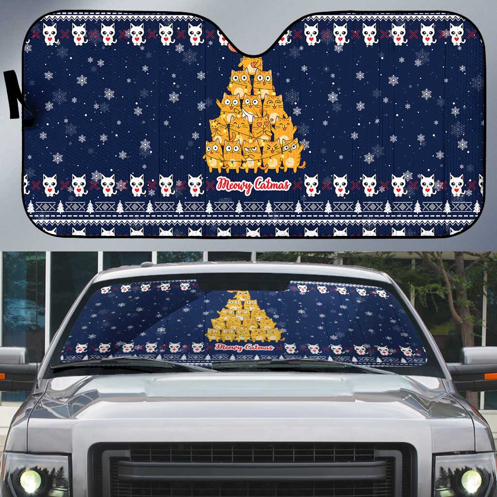 Meowy Catmas Auto Sun Shade with Orange Cats Christmas Tree and Snowflake Pattern Design - Wonder Print Shop