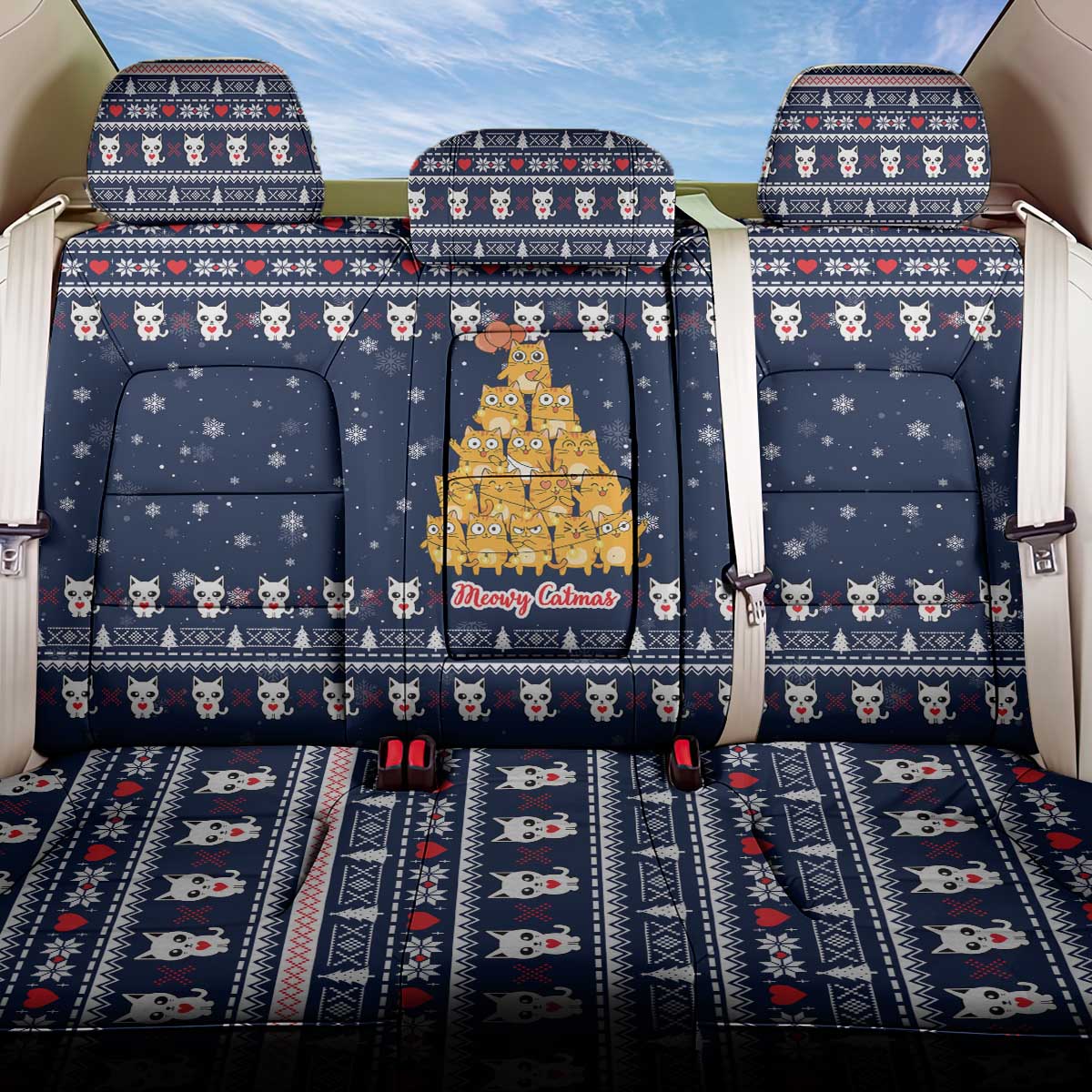 Meowy Catmas Back Car Seat Cover with Orange Cats Christmas Tree and Snowflake Pattern Design - Wonder Print Shop
