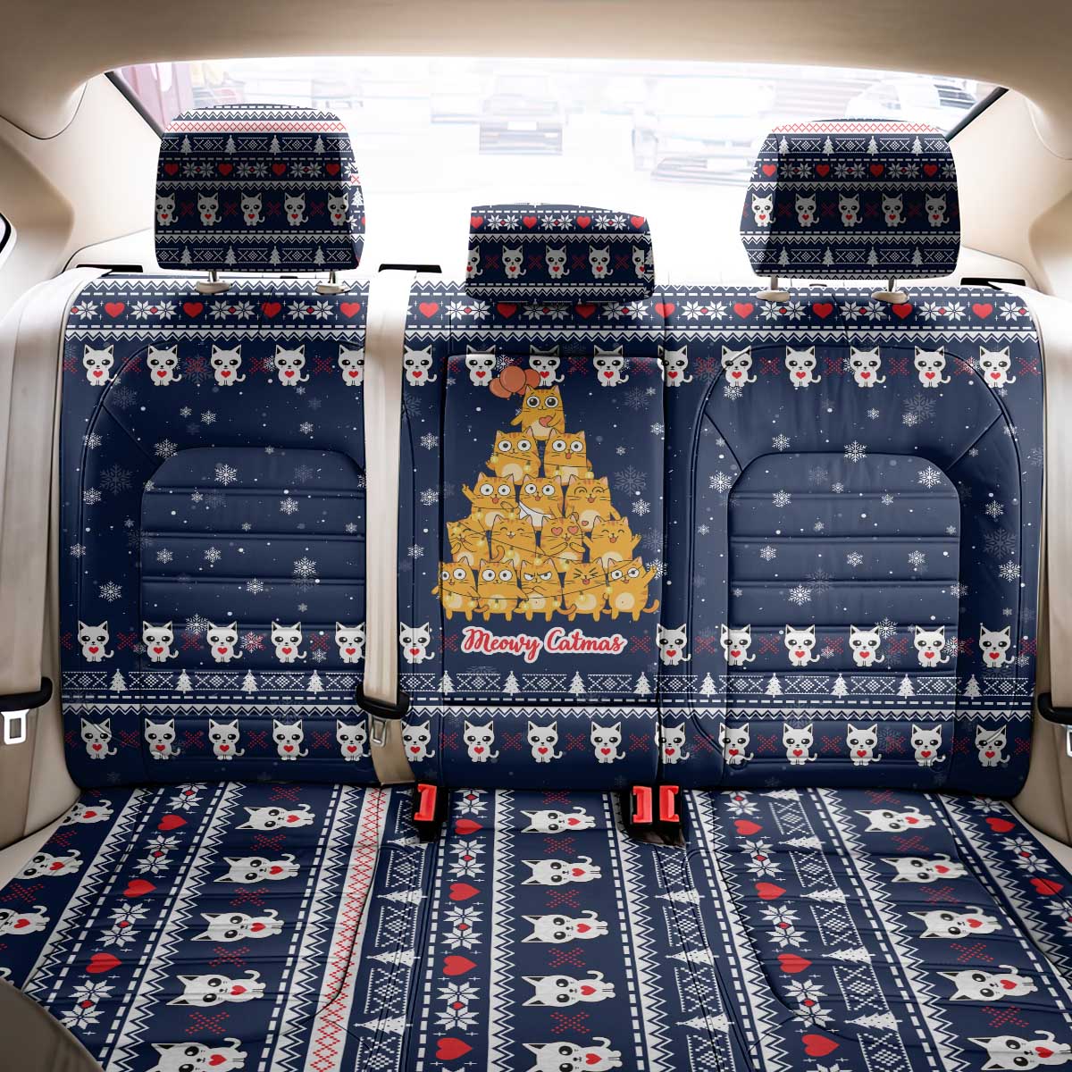 Meowy Catmas Back Car Seat Cover with Orange Cats Christmas Tree and Snowflake Pattern Design - Wonder Print Shop