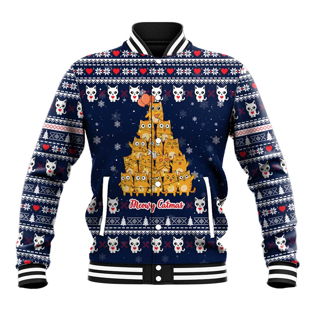 Meowy Catmas Baseball Jacket with Orange Cats Christmas Tree and Snowflake Pattern Design - Wonder Print Shop