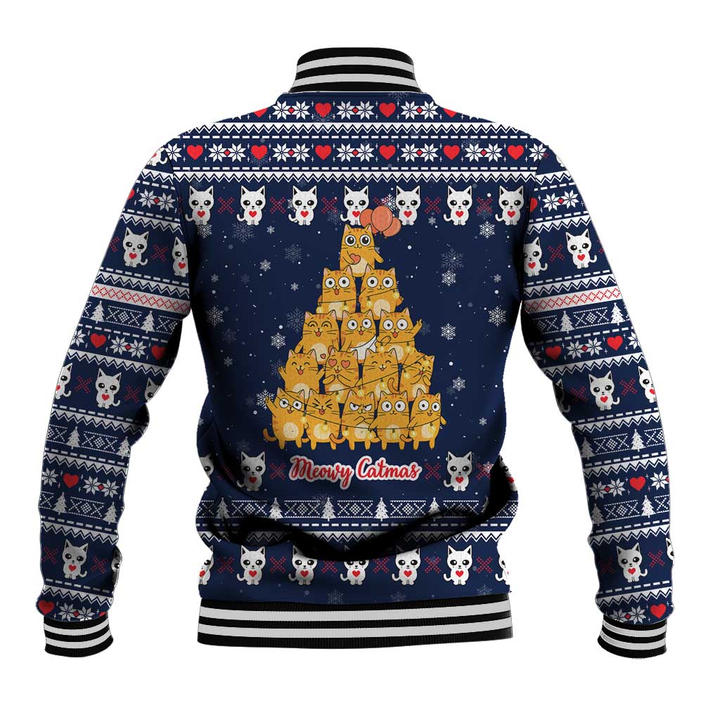 Meowy Catmas Baseball Jacket with Orange Cats Christmas Tree and Snowflake Pattern Design - Wonder Print Shop
