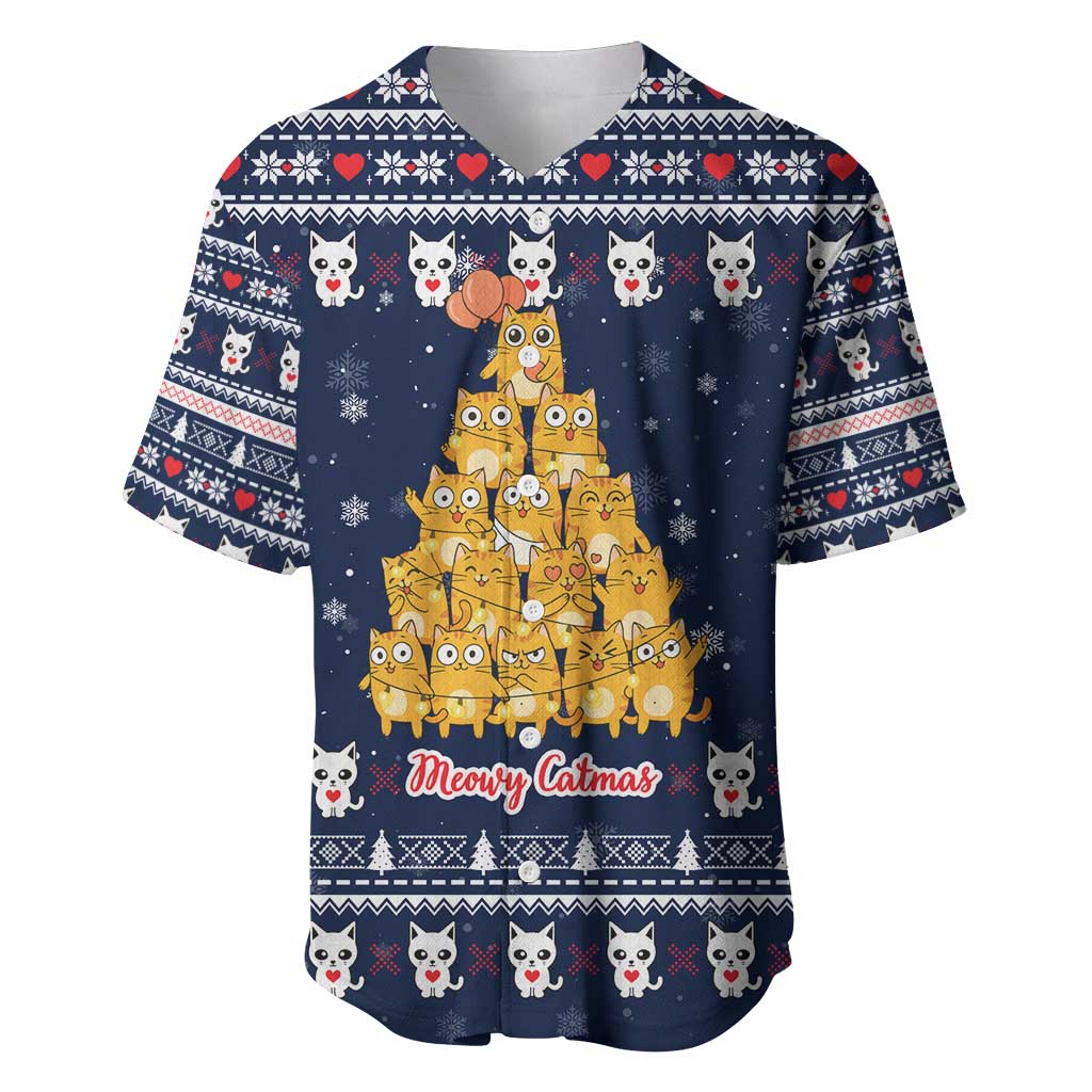 Meowy Catmas Baseball Jersey with Orange Cats Christmas Tree and Snowflake Pattern Design - Wonder Print Shop
