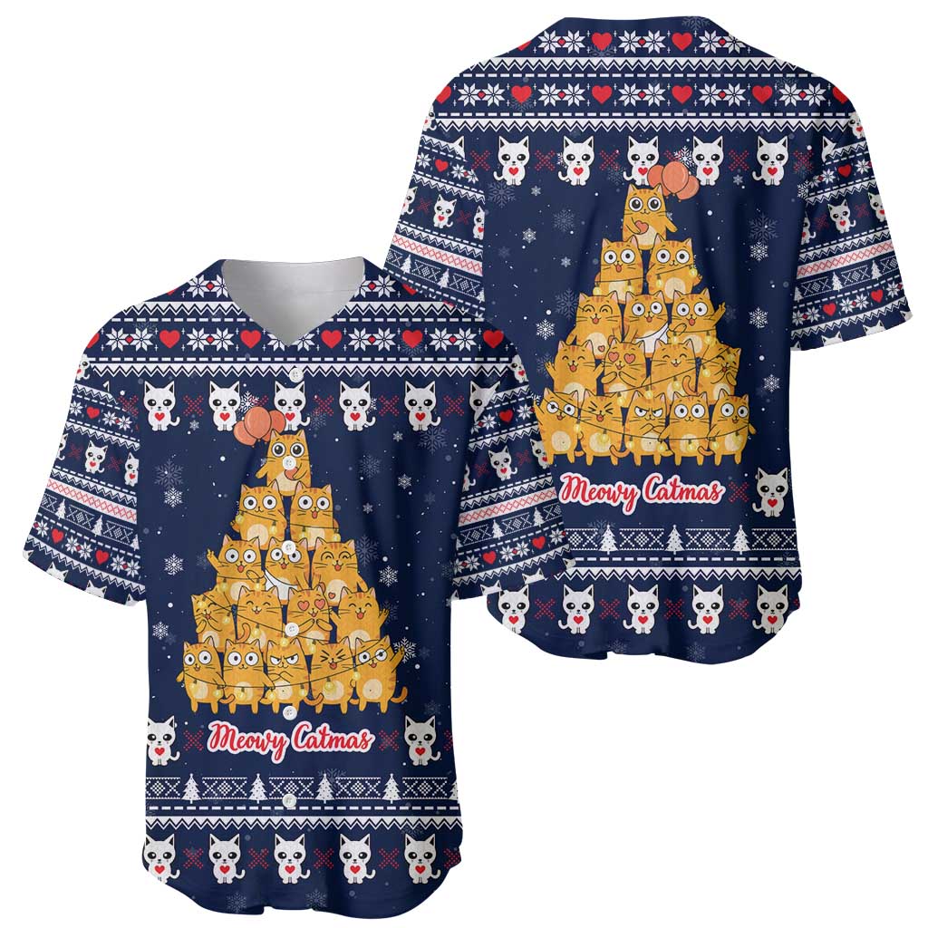 Meowy Catmas Baseball Jersey with Orange Cats Christmas Tree and Snowflake Pattern Design - Wonder Print Shop