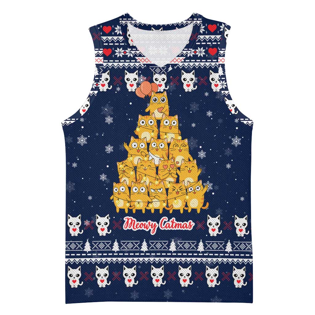 Meowy Catmas Basketball Jersey with Orange Cats Christmas Tree and Snowflake Pattern Design - Wonder Print Shop