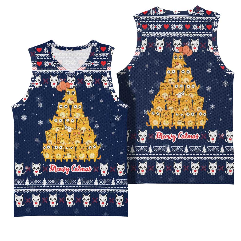 Meowy Catmas Basketball Jersey with Orange Cats Christmas Tree and Snowflake Pattern Design - Wonder Print Shop