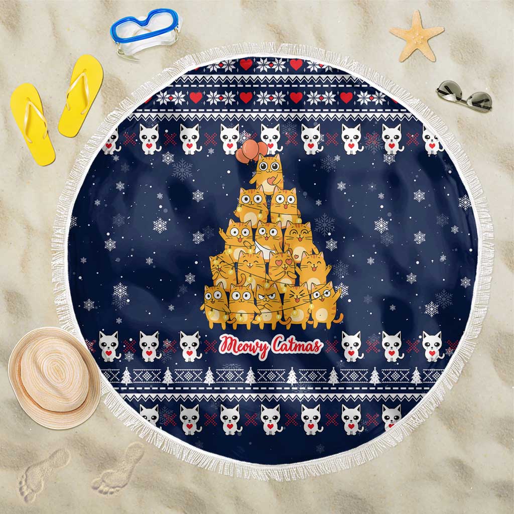 Meowy Catmas Beach Blanket with Orange Cats Christmas Tree and Snowflake Pattern Design - Wonder Print Shop