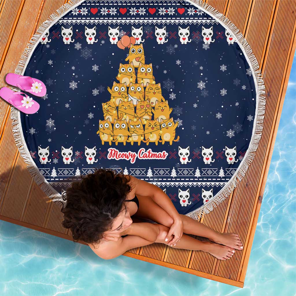 Meowy Catmas Beach Blanket with Orange Cats Christmas Tree and Snowflake Pattern Design - Wonder Print Shop