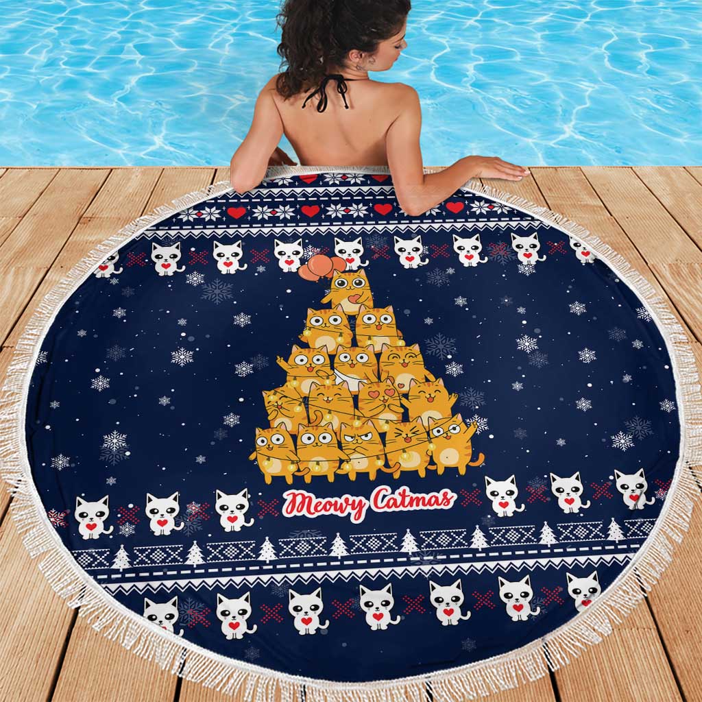 Meowy Catmas Beach Blanket with Orange Cats Christmas Tree and Snowflake Pattern Design - Wonder Print Shop