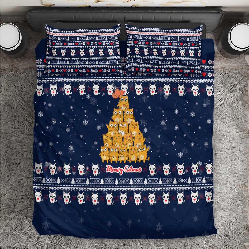 Meowy Catmas Bedding Set with Orange Cats Christmas Tree and Snowflake Pattern Design - Wonder Print Shop