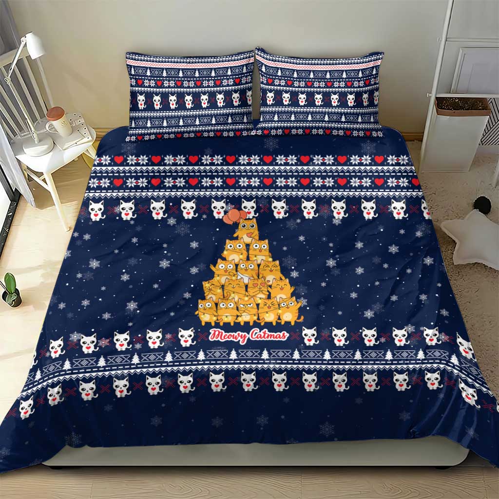 Meowy Catmas Bedding Set with Orange Cats Christmas Tree and Snowflake Pattern Design - Wonder Print Shop