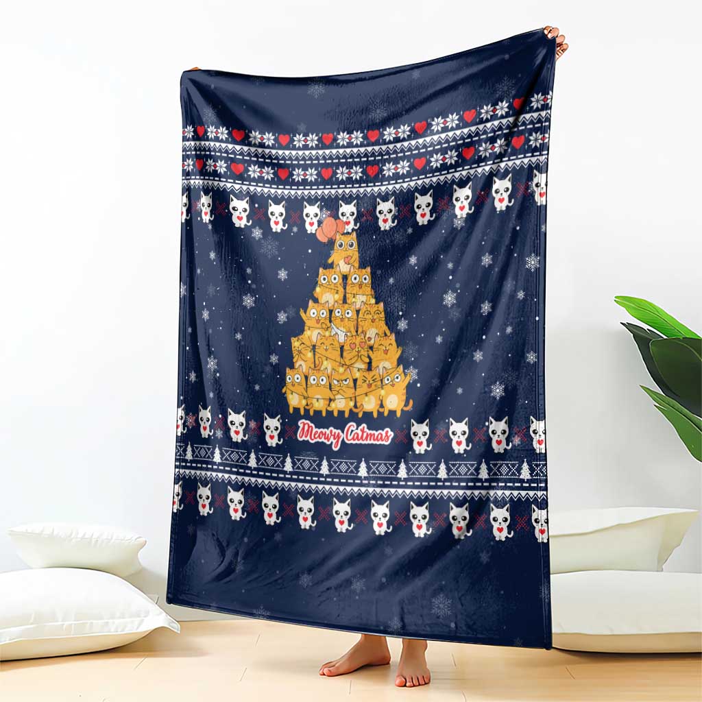 Meowy Catmas Blanket with Orange Cats Christmas Tree and Snowflake Pattern Design - Wonder Print Shop