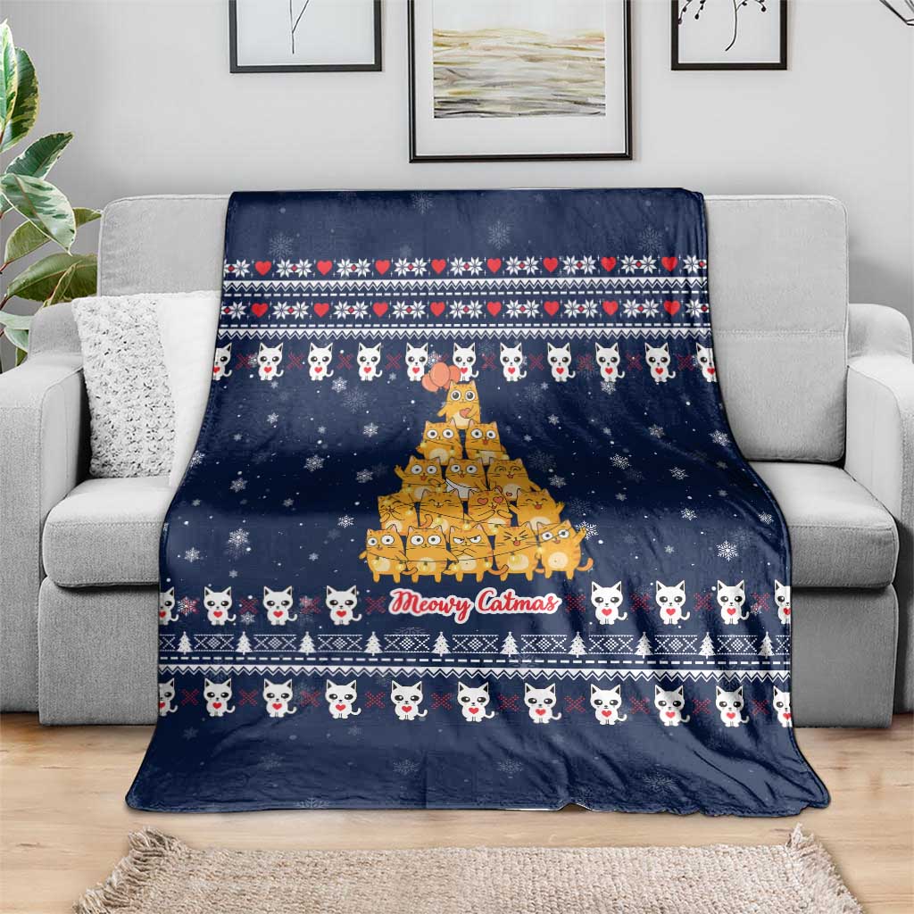 Meowy Catmas Blanket with Orange Cats Christmas Tree and Snowflake Pattern Design - Wonder Print Shop