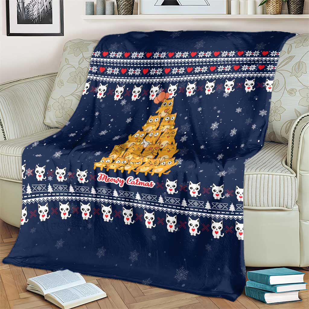 Meowy Catmas Blanket with Orange Cats Christmas Tree and Snowflake Pattern Design - Wonder Print Shop
