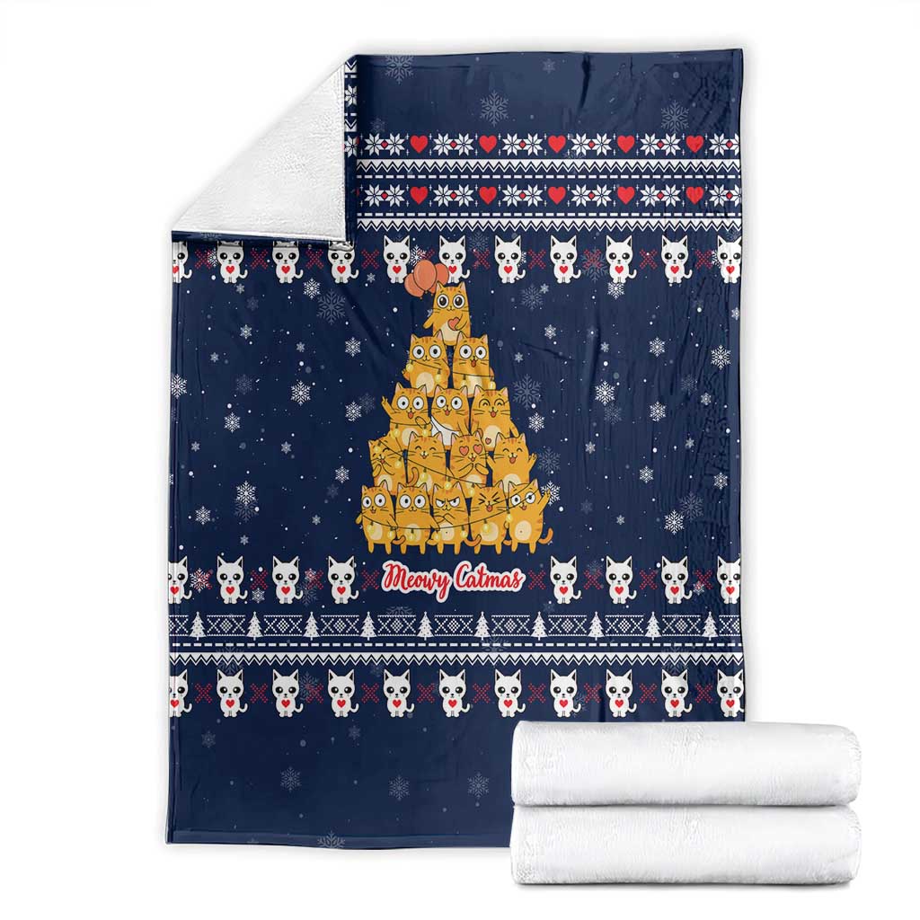 Meowy Catmas Blanket with Orange Cats Christmas Tree and Snowflake Pattern Design - Wonder Print Shop