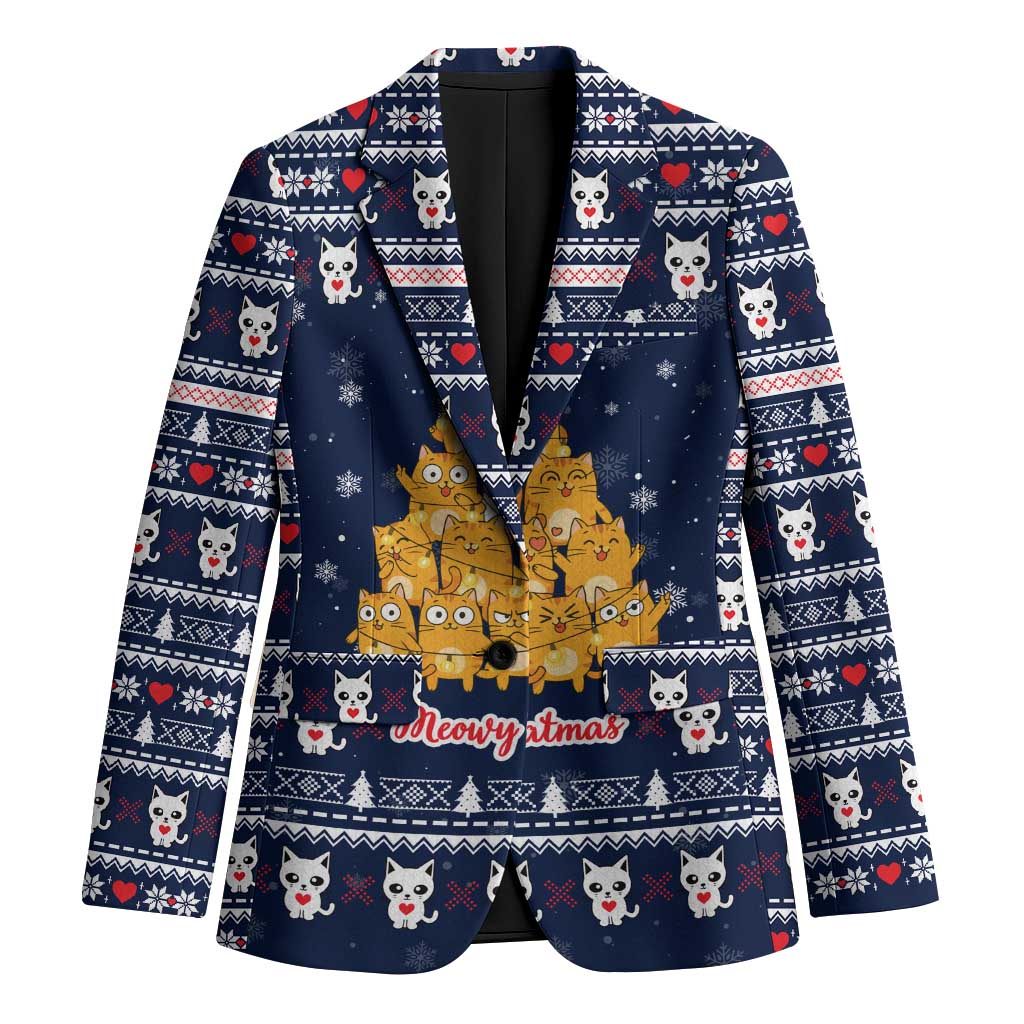 Meowy Catmas Blazer with Orange Cats Christmas Tree and Snowflake Pattern Design - Wonder Print Shop