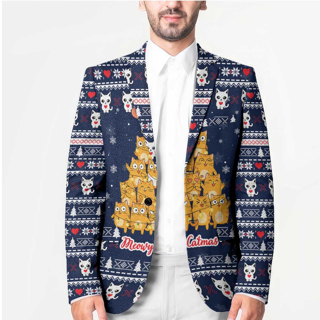 Meowy Catmas Blazer with Orange Cats Christmas Tree and Snowflake Pattern Design - Wonder Print Shop