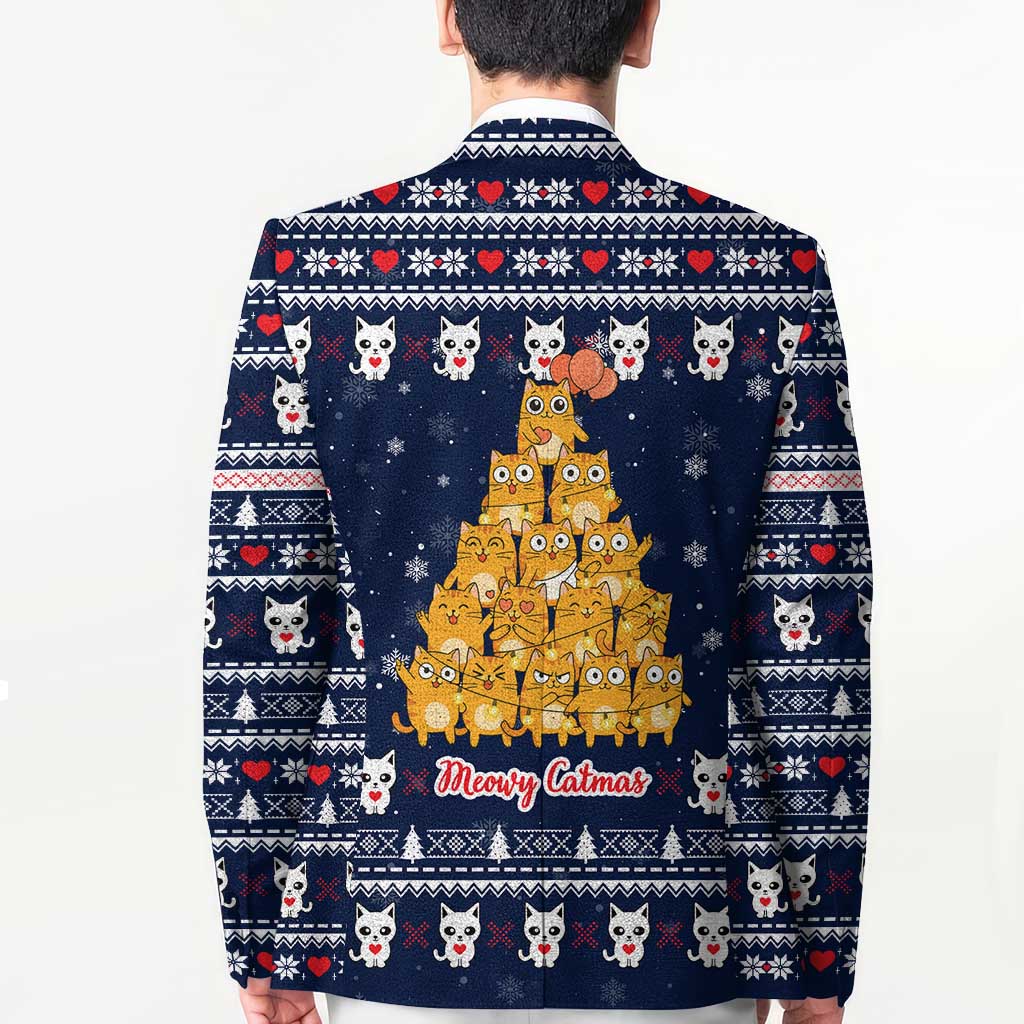 Meowy Catmas Blazer with Orange Cats Christmas Tree and Snowflake Pattern Design - Wonder Print Shop