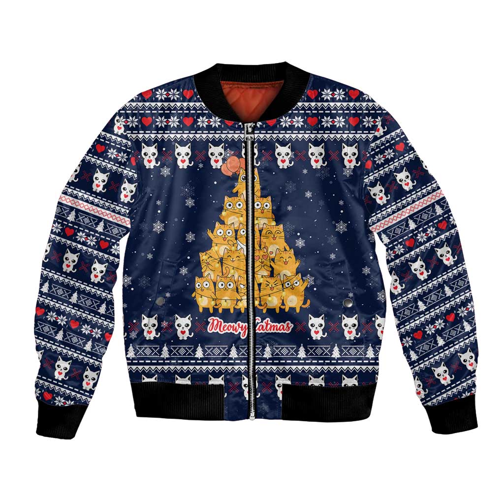 Meowy Catmas Bomber Jacket with Orange Cats Christmas Tree and Snowflake Pattern Design - Wonder Print Shop