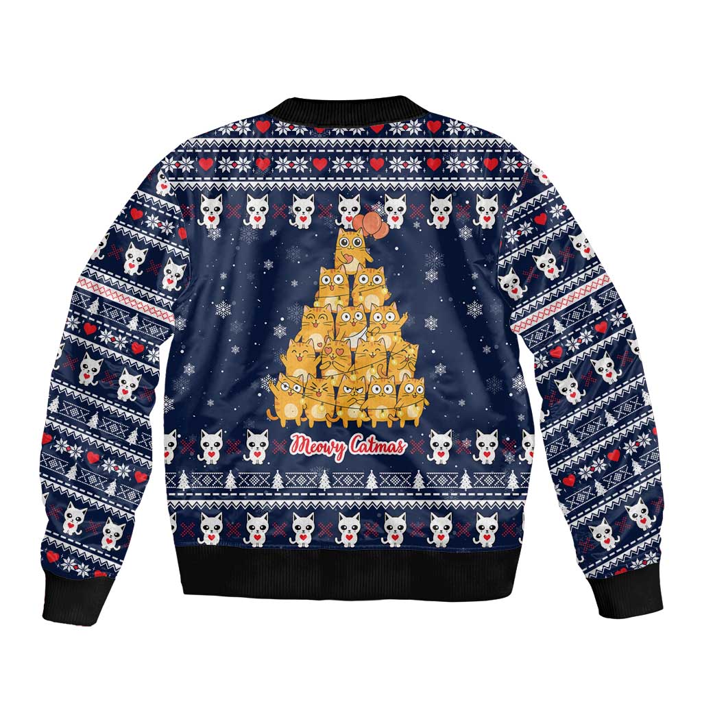 Meowy Catmas Bomber Jacket with Orange Cats Christmas Tree and Snowflake Pattern Design - Wonder Print Shop