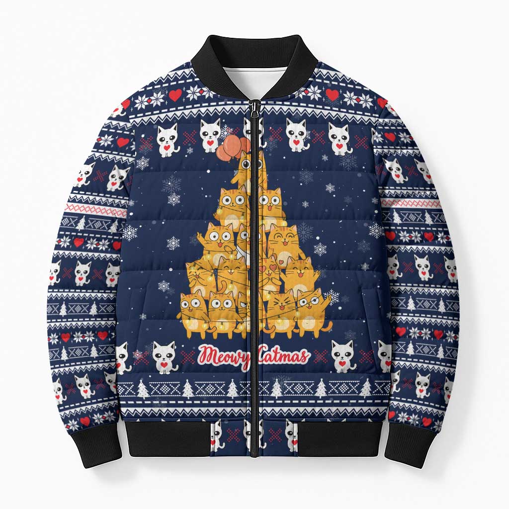 Meowy Catmas Bomber Puffer Jacket with Orange Cats Christmas Tree and Snowflake Pattern Design - Wonder Print Shop