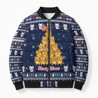 Meowy Catmas Bomber Puffer Jacket with Orange Cats Christmas Tree and Snowflake Pattern Design - Wonder Print Shop