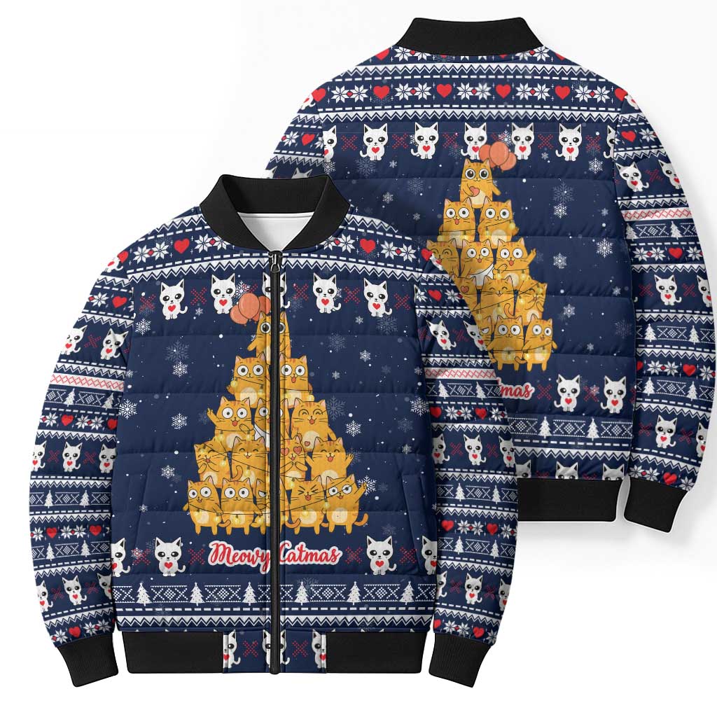 Meowy Catmas Bomber Puffer Jacket with Orange Cats Christmas Tree and Snowflake Pattern Design - Wonder Print Shop