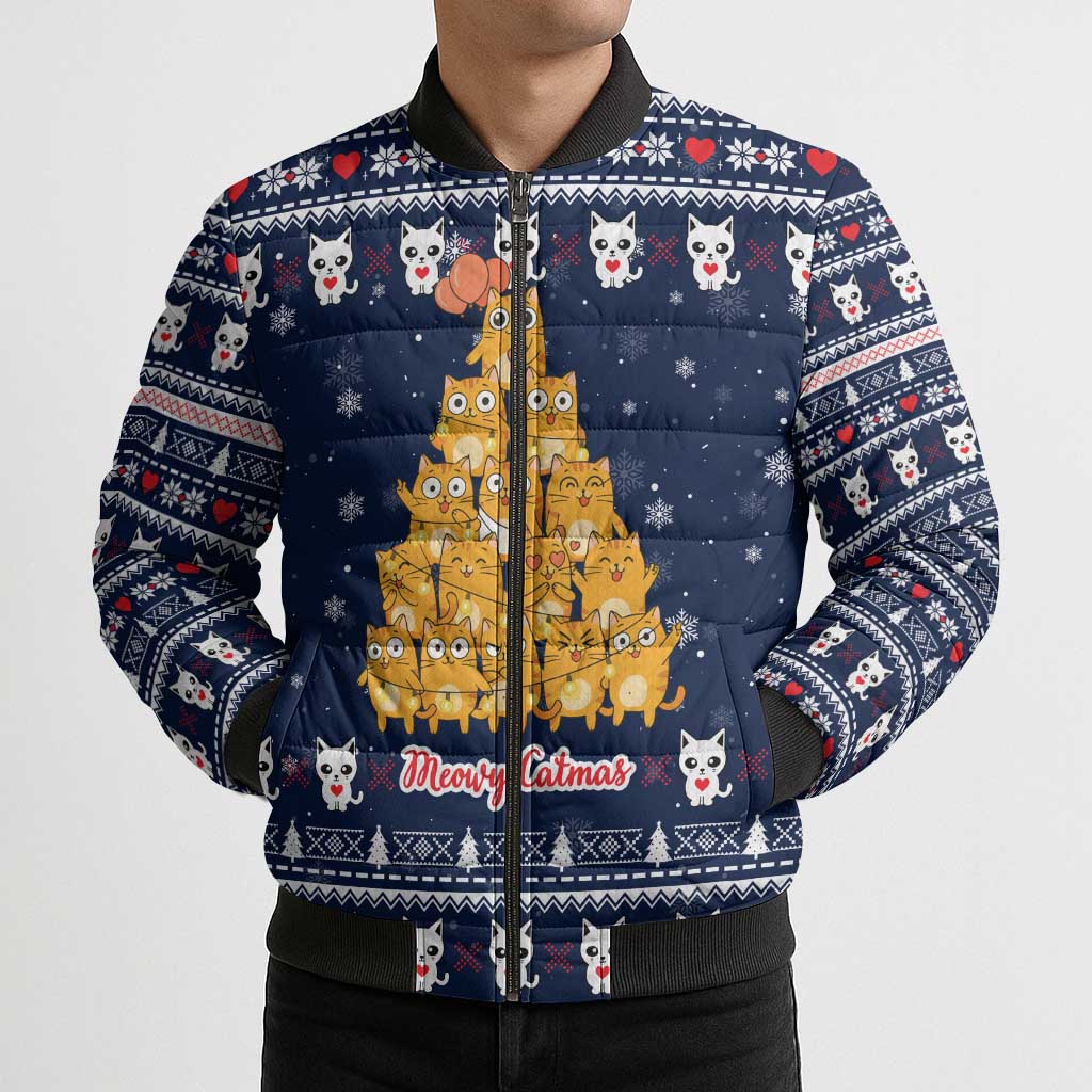 Meowy Catmas Bomber Puffer Jacket with Orange Cats Christmas Tree and Snowflake Pattern Design - Wonder Print Shop