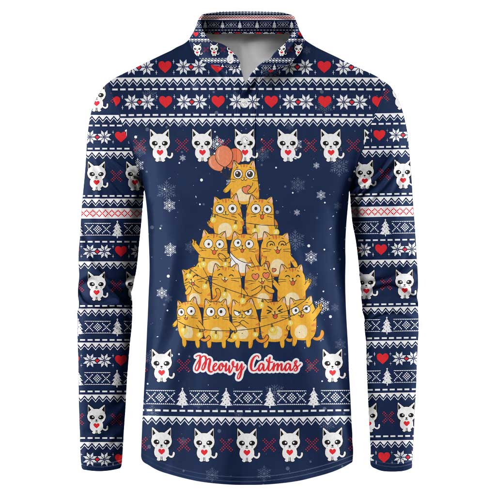 Meowy Catmas Button Sweatshirt with Orange Cats Christmas Tree and Snowflake Pattern Design - Wonder Print Shop