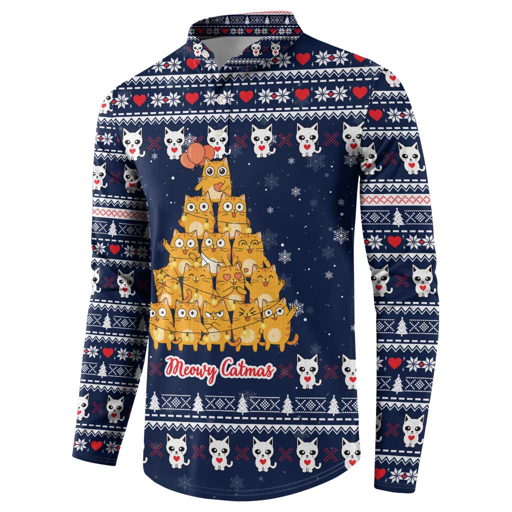 Meowy Catmas Button Sweatshirt with Orange Cats Christmas Tree and Snowflake Pattern Design - Wonder Print Shop