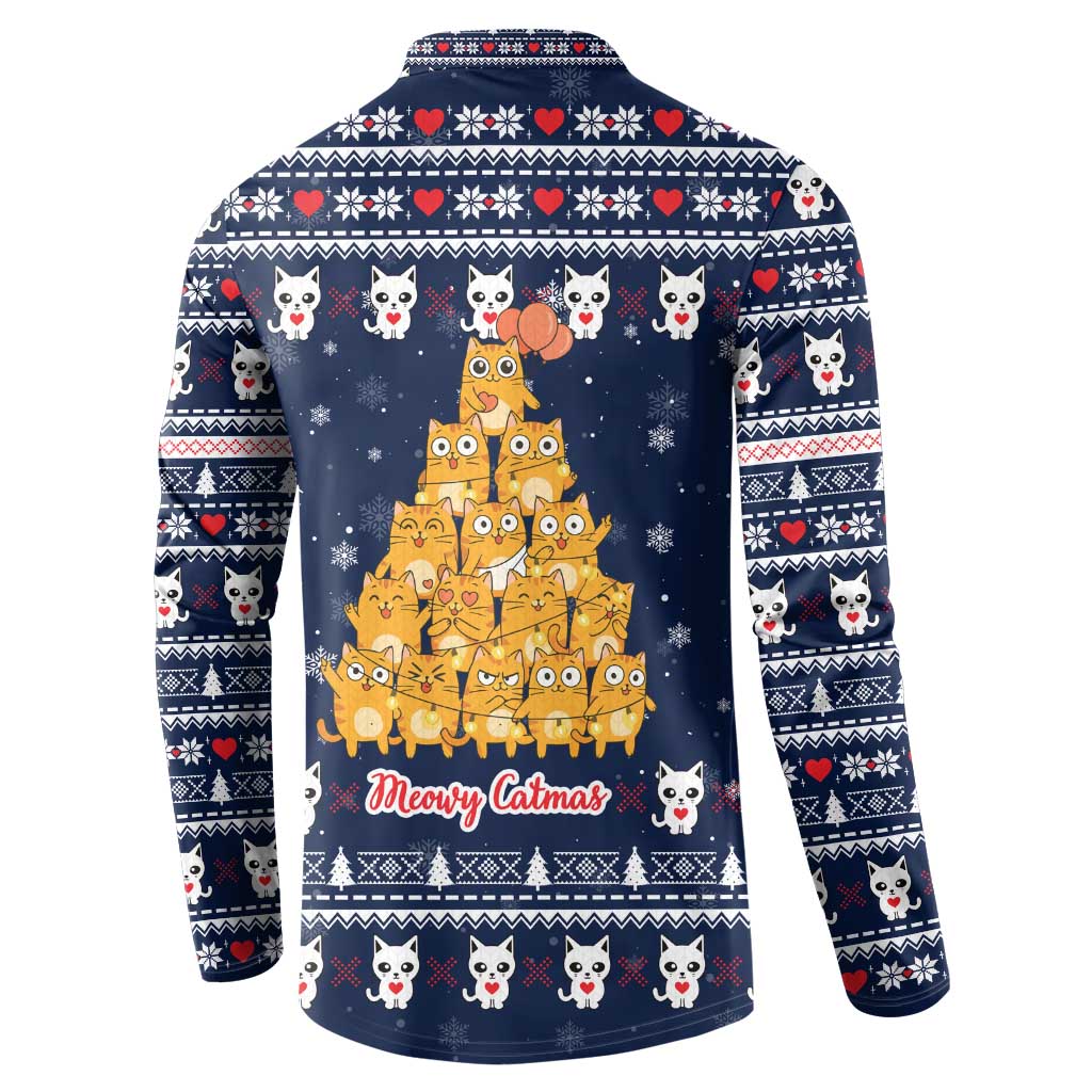 Meowy Catmas Button Sweatshirt with Orange Cats Christmas Tree and Snowflake Pattern Design - Wonder Print Shop