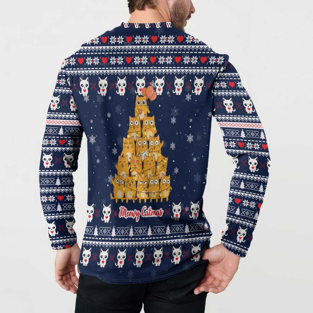 Meowy Catmas Button Sweatshirt with Orange Cats Christmas Tree and Snowflake Pattern Design - Wonder Print Shop