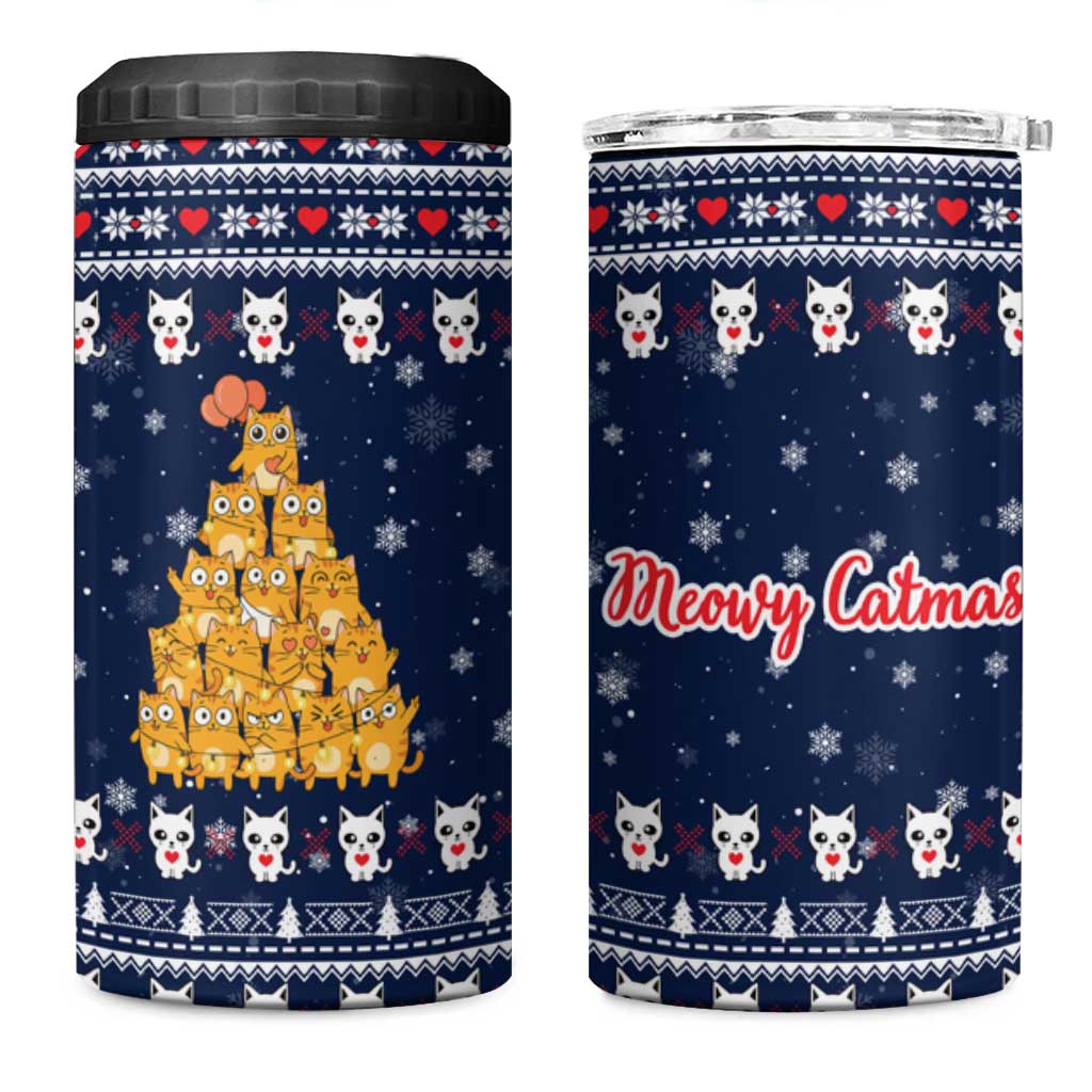 Meowy Catmas 4 in 1 Can Cooler Tumbler with Orange Cats Christmas Tree and Snowflake Pattern Design - Wonder Print Shop