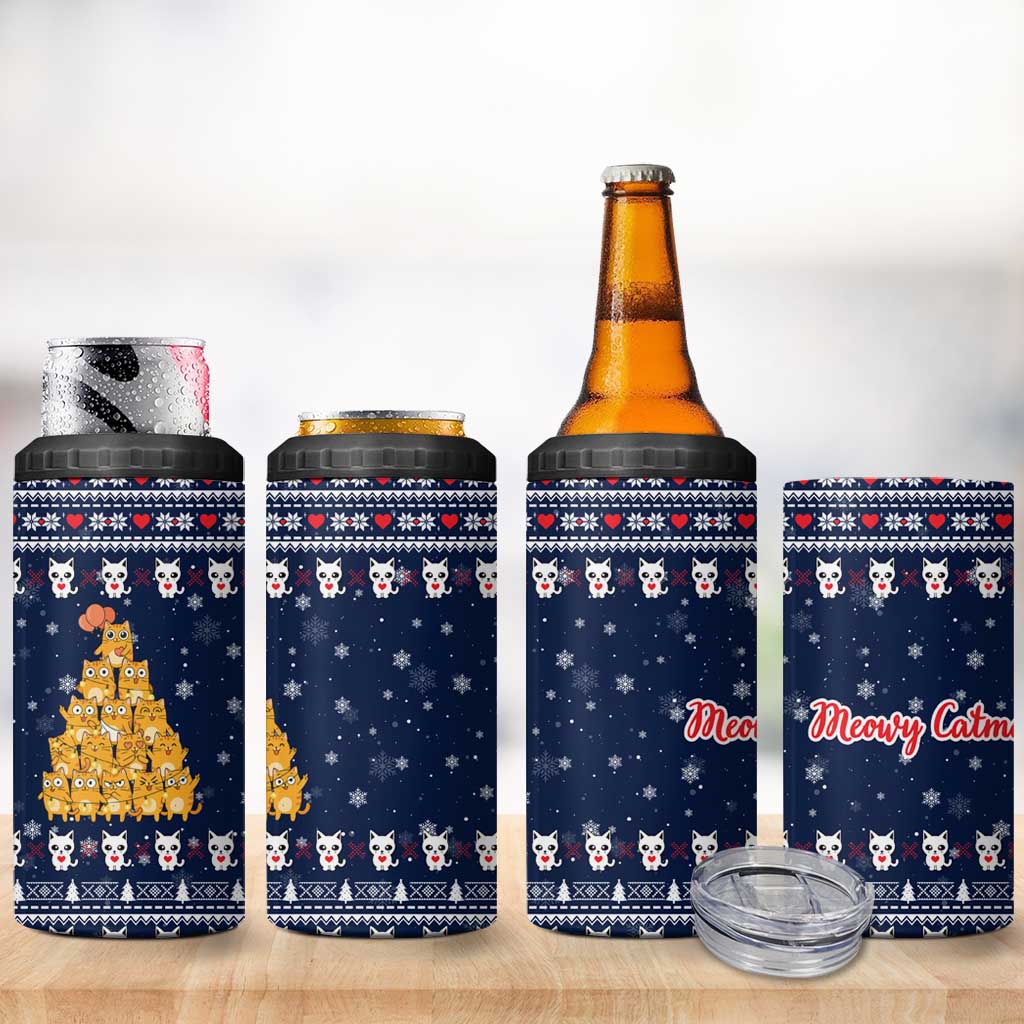 Meowy Catmas 4 in 1 Can Cooler Tumbler with Orange Cats Christmas Tree and Snowflake Pattern Design - Wonder Print Shop