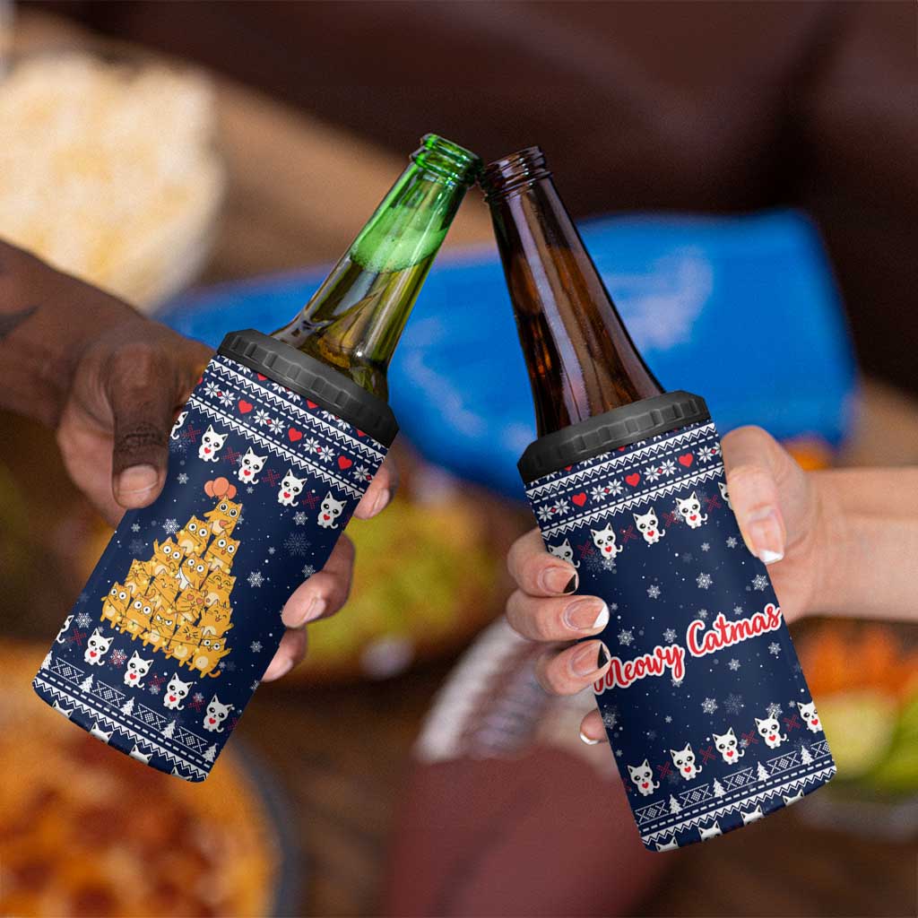 Meowy Catmas 4 in 1 Can Cooler Tumbler with Orange Cats Christmas Tree and Snowflake Pattern Design - Wonder Print Shop