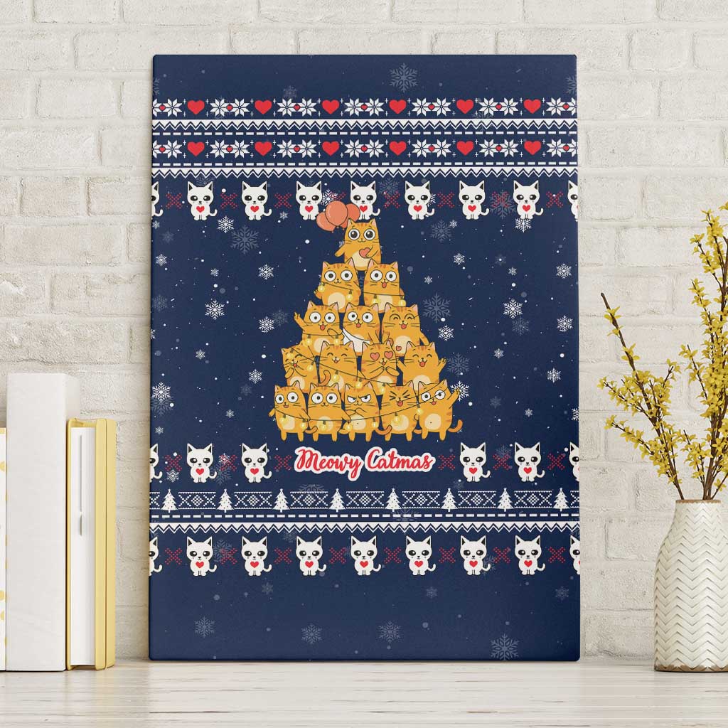 Meowy Catmas Canvas Wall Art with Orange Cats Christmas Tree and Snowflake Pattern Design - Wonder Print Shop