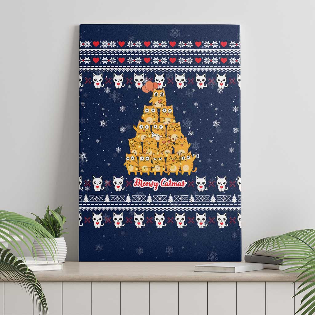 Meowy Catmas Canvas Wall Art with Orange Cats Christmas Tree and Snowflake Pattern Design - Wonder Print Shop