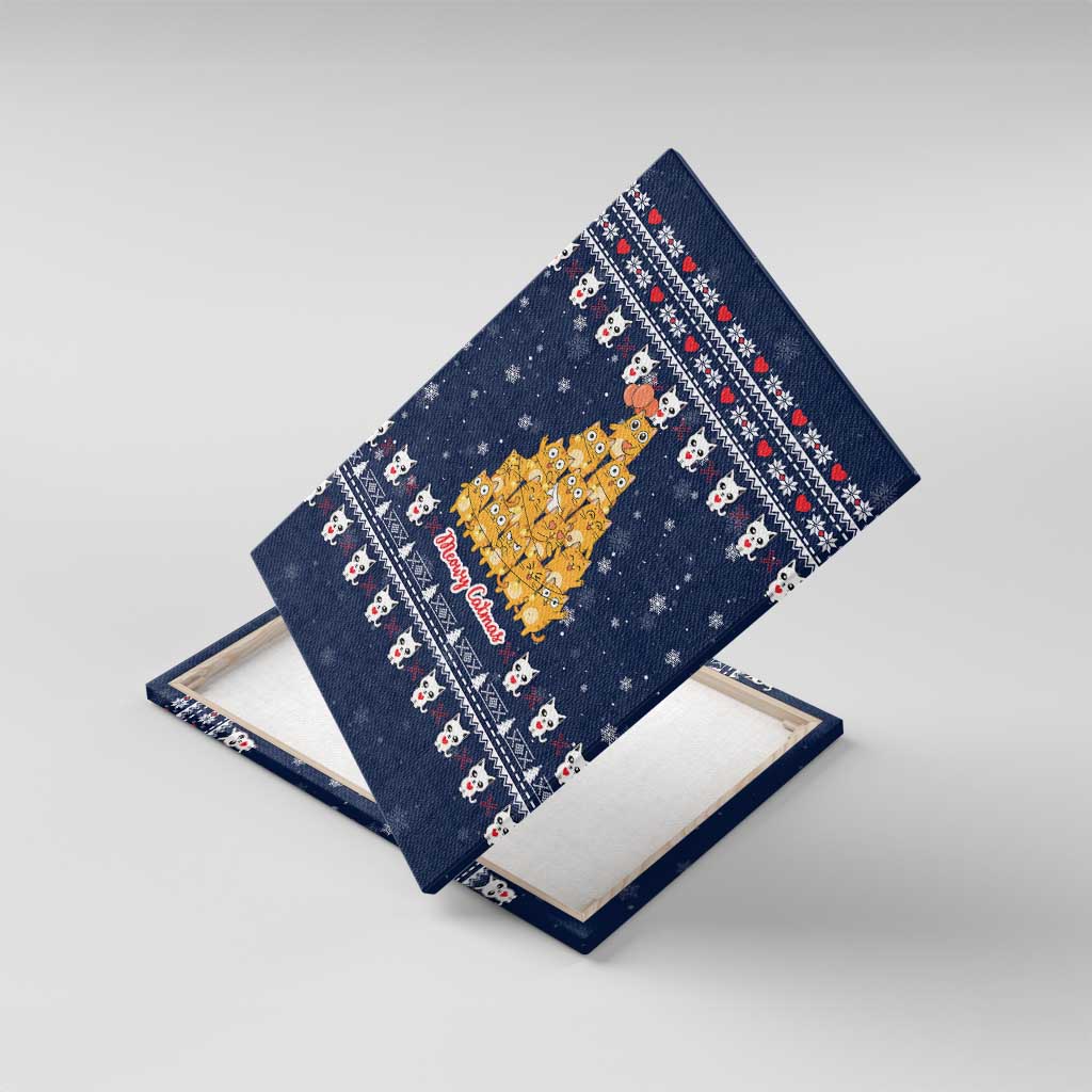 Meowy Catmas Canvas Wall Art with Orange Cats Christmas Tree and Snowflake Pattern Design - Wonder Print Shop