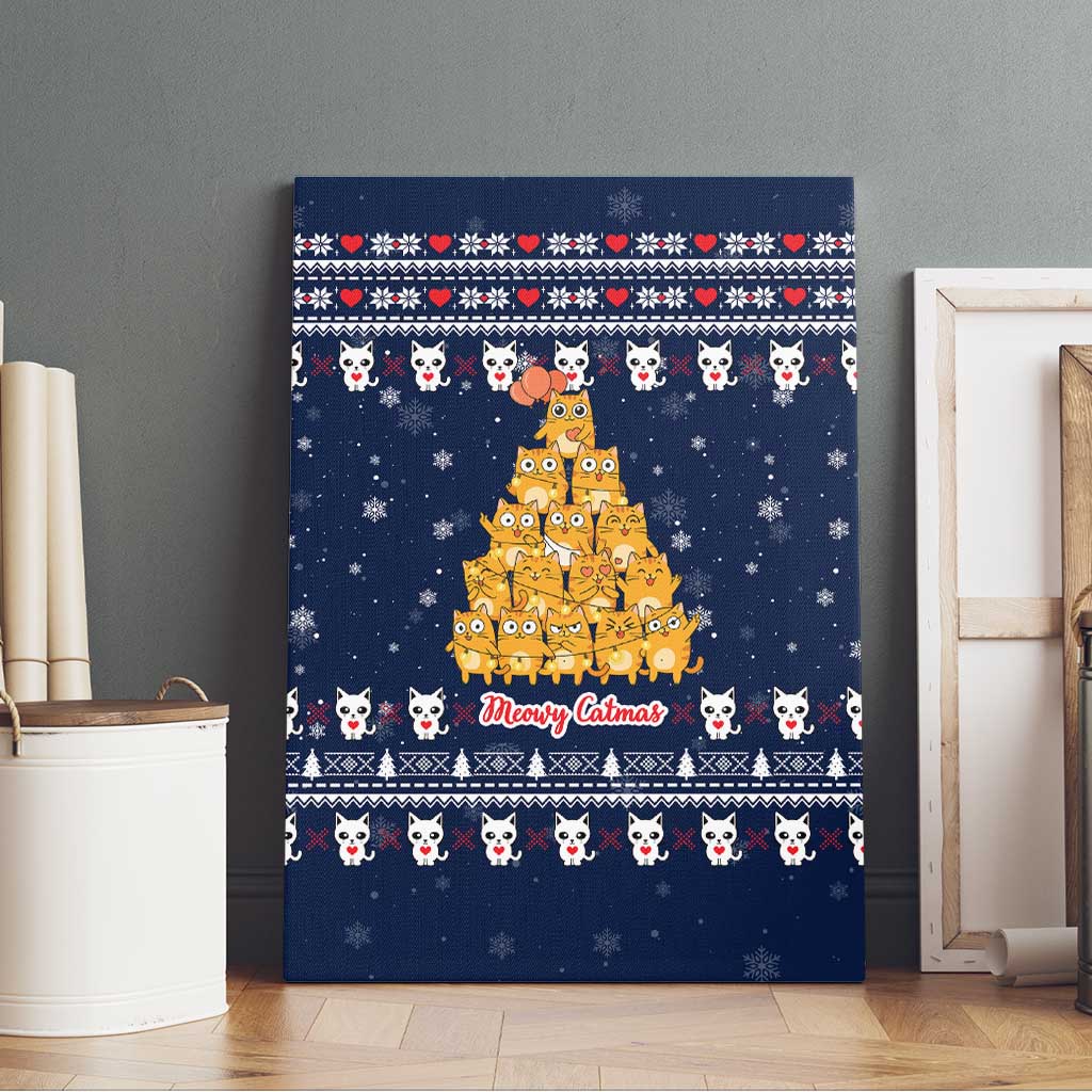 Meowy Catmas Canvas Wall Art with Orange Cats Christmas Tree and Snowflake Pattern Design - Wonder Print Shop