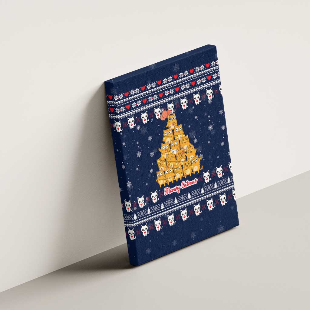 Meowy Catmas Canvas Wall Art with Orange Cats Christmas Tree and Snowflake Pattern Design - Wonder Print Shop