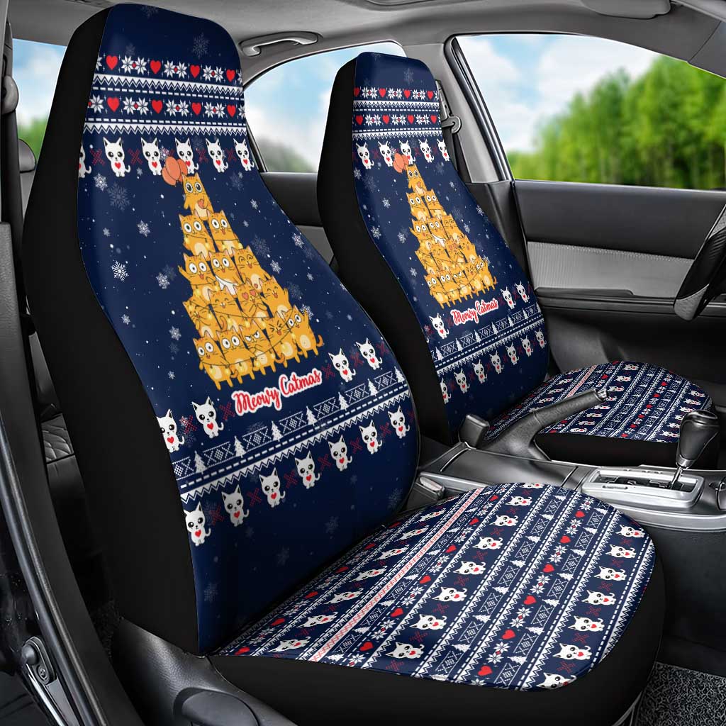 Meowy Catmas Car Seat Cover with Orange Cats Christmas Tree and Snowflake Pattern Design - Wonder Print Shop