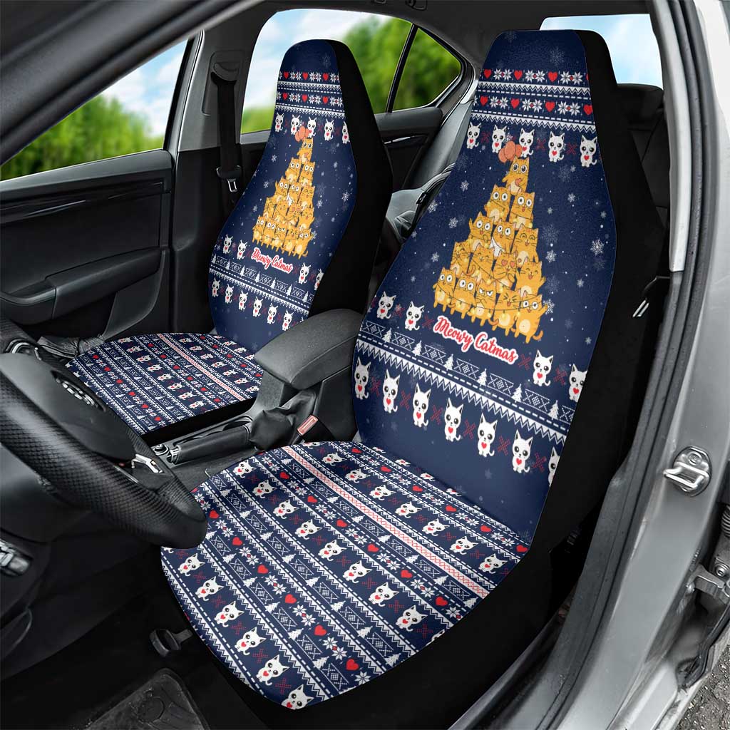 Meowy Catmas Car Seat Cover with Orange Cats Christmas Tree and Snowflake Pattern Design - Wonder Print Shop