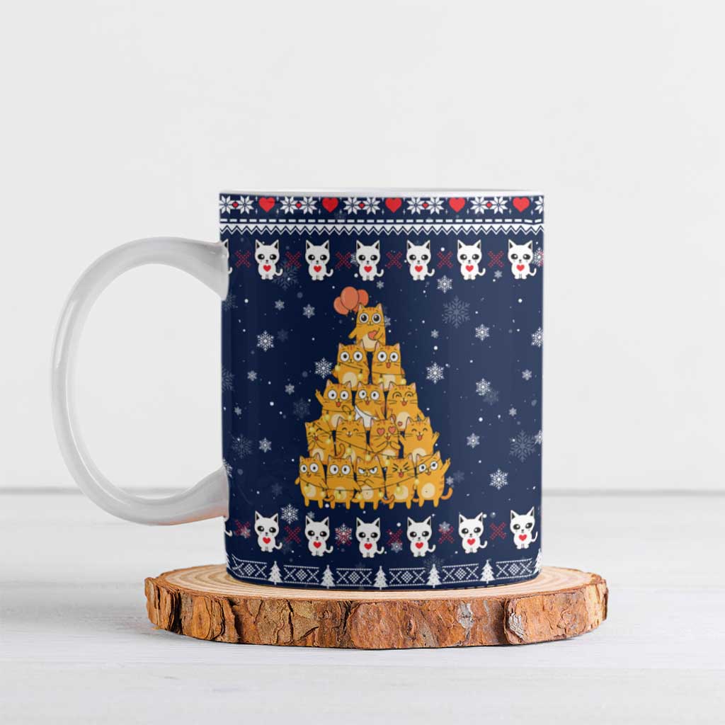 Meowy Catmas Ceramic Mug with Orange Cats Christmas Tree and Snowflake Pattern Design - Wonder Print Shop