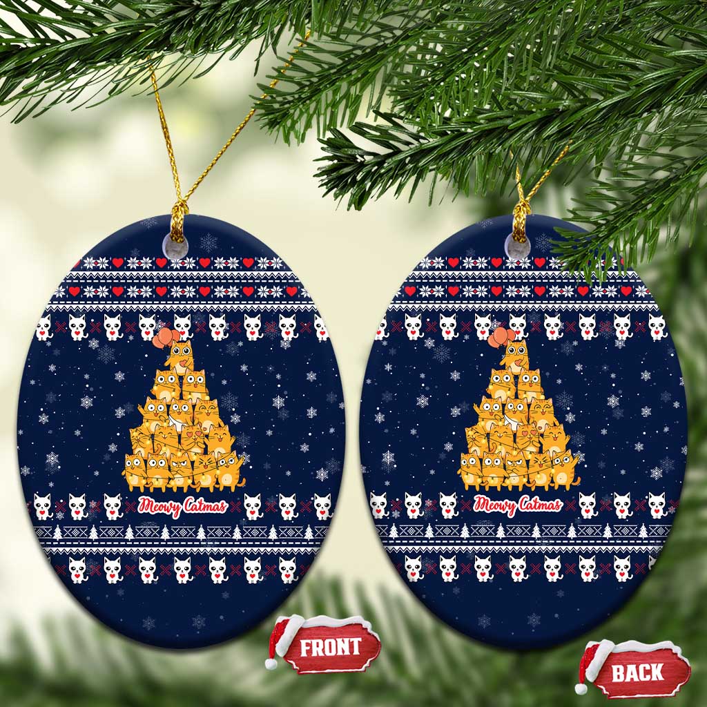 Meowy Catmas Ceramic Ornament with Orange Cats Christmas Tree and Snowflake Pattern Design - Wonder Print Shop