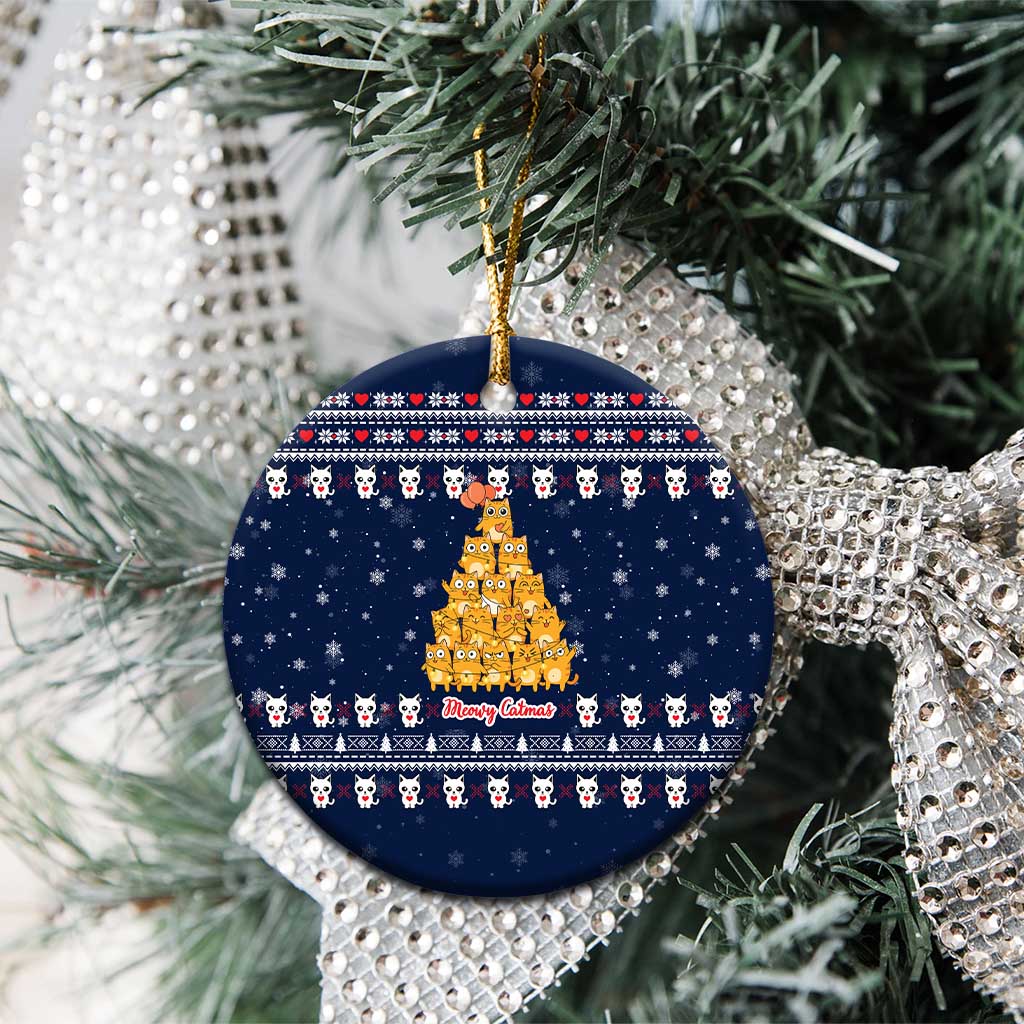 Meowy Catmas Ceramic Ornament with Orange Cats Christmas Tree and Snowflake Pattern Design - Wonder Print Shop