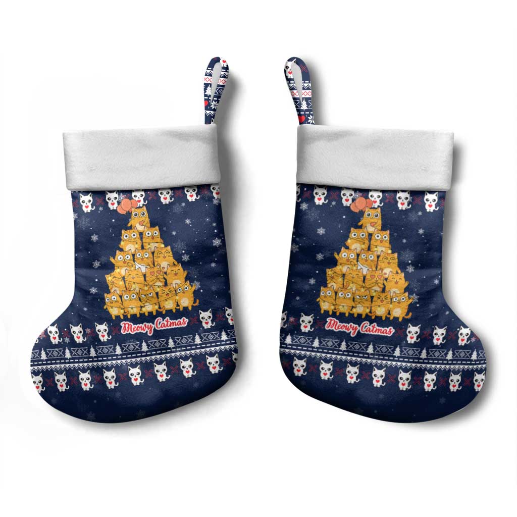 Meowy Catmas Christmas Stocking with Orange Cats Christmas Tree and Snowflake Pattern Design - Wonder Print Shop