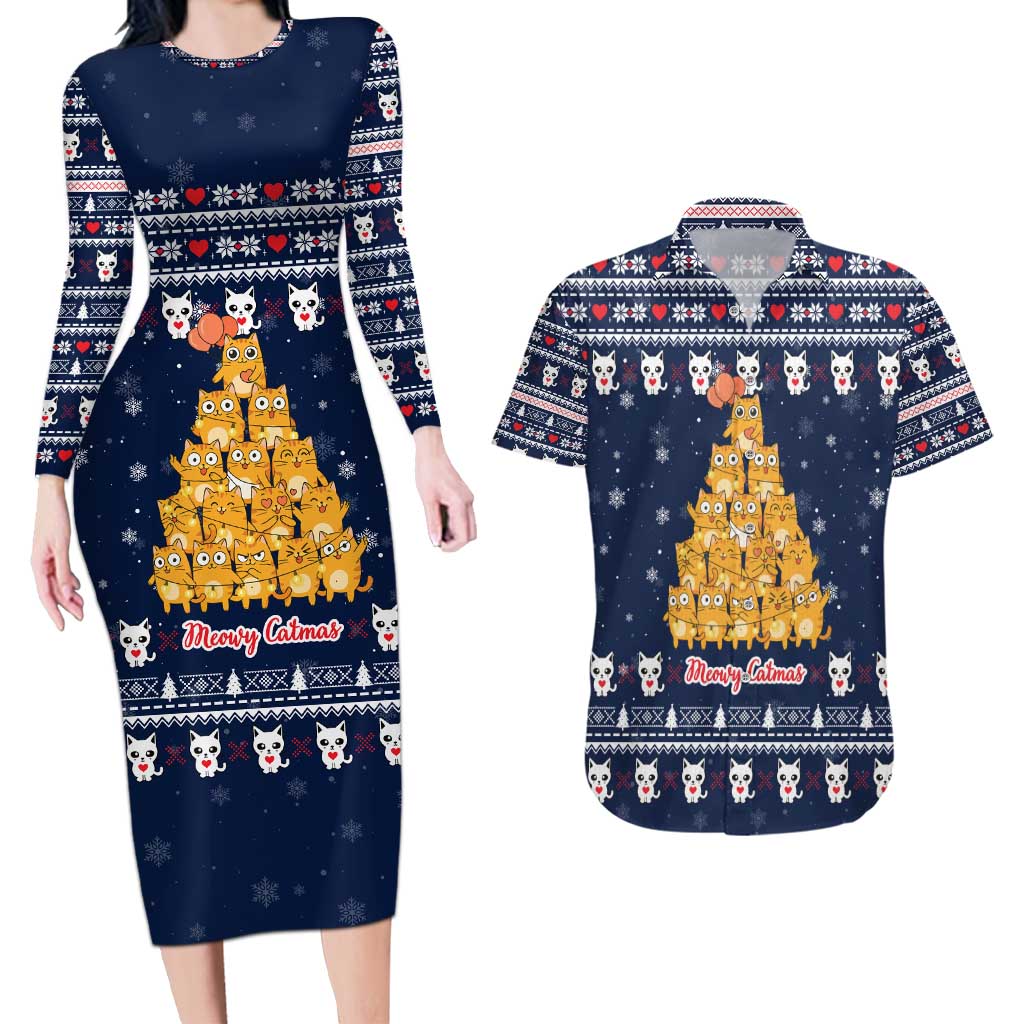 Meowy Catmas Couples Matching Long Sleeve Bodycon Dress and Hawaiian Shirt with Orange Cats Christmas Tree and Snowflake Pattern Design - Wonder Print Shop