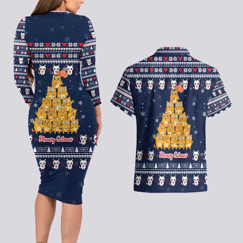 Meowy Catmas Couples Matching Long Sleeve Bodycon Dress and Hawaiian Shirt with Orange Cats Christmas Tree and Snowflake Pattern Design - Wonder Print Shop