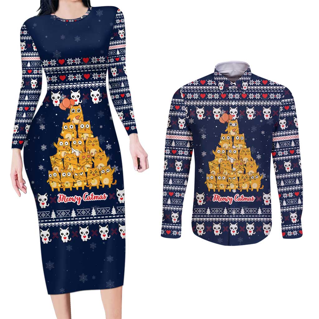 Meowy Catmas Couples Matching Long Sleeve Bodycon Dress and Long Sleeve Button Shirt with Orange Cats Christmas Tree and Snowflake Pattern Design - Wonder Print Shop