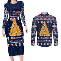 Meowy Catmas Couples Matching Long Sleeve Bodycon Dress and Long Sleeve Button Shirt with Orange Cats Christmas Tree and Snowflake Pattern Design - Wonder Print Shop