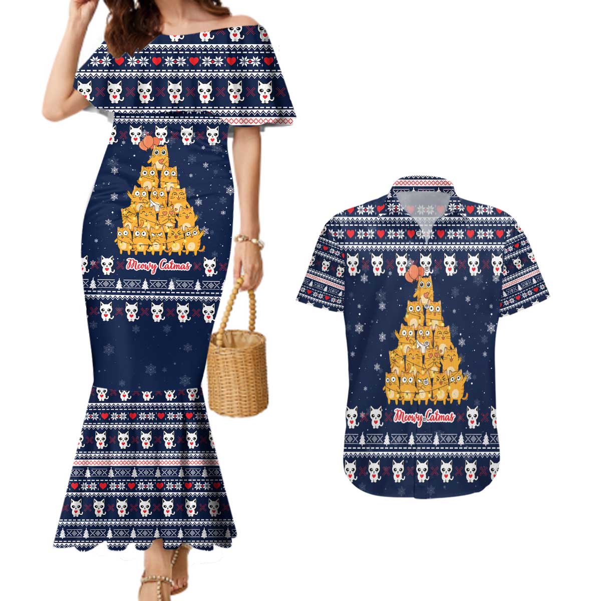 Meowy Catmas Couples Matching Mermaid Dress and Hawaiian Shirt with Orange Cats Christmas Tree and Snowflake Pattern Design - Wonder Print Shop